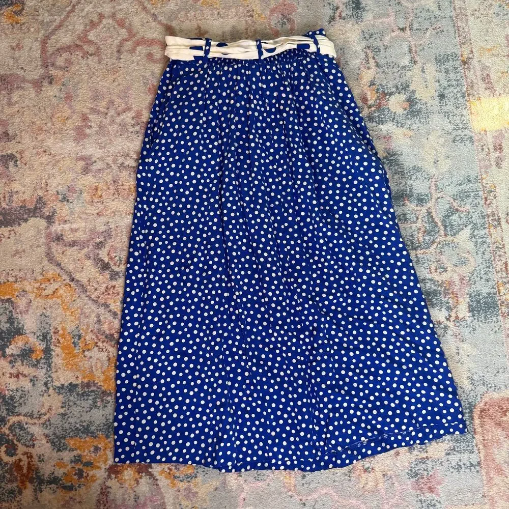 Vintage 80s blue and white retro polka dot midi skirt